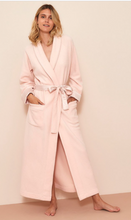 Load image into Gallery viewer, Dragee Pink Soft full length fleece dressing gown. Matching toned satin finish on cuffs and belt. Two patch pockets. The belt at the waist puts the final touch to this light elegant and cosy robe.  Composition 70% Polyester, 30% Viscose. 

