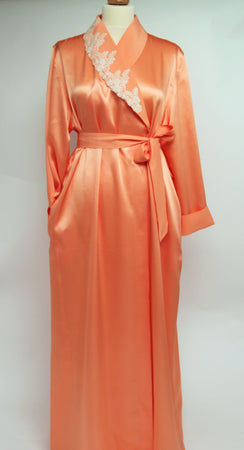 Classical, shawl collar, full length pure silk dressing gown, with a delicate lace detail on one lapel.