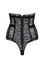 Load image into Gallery viewer, All lace high waisted corset g/string. Panelled to the front and rear for perfect shaping. Sumptuous to wear and contoured under clothing. Controls the tummy while looking fabulous! Boned to the front with all lace finish and long zip opening at the back.
