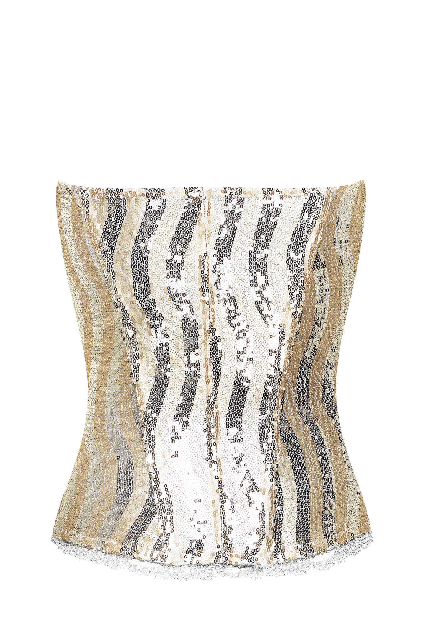 traditional corset made the French way. It has gold sequins front and back and shimmers in the light. 