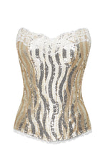 Load image into Gallery viewer, traditional corset made the French way. It has gold sequins front and back and shimmers in the light. 
