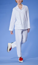 Load image into Gallery viewer, Classic cut &#39;Men&#39;s Style&#39; Pyjamas. Mini Rose Check on a white ground. Revere collared jacket with one side pocket. Collar, Pocket and cuffs all trimmed with cotton lace, adding a feminine detail to a masculine look. Full length trousers. 100% Flannel cotton for cosy lounging and nightwear.
