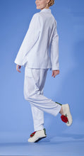 Load image into Gallery viewer, Classic cut &#39;Men&#39;s Style&#39; Pyjamas. Mini Rose Check on a white ground. Revere collared jacket with one side pocket. Collar, Pocket and cuffs all trimmed with cotton lace, adding a feminine detail to a masculine look. Full length trousers. 100% Flannel cotton for cosy lounging and nightwear.
