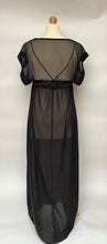 Load image into Gallery viewer, Edwardian style silk chiffon vintage nightdress. The gown is full length. It has an embroidered bodice with two delicate straps. There is an overlay of silk chiffon on the top part of the gown, with a wide silk satin elasticated band under the bust for shape and comfort. There is a side slit on the full-length skirt for ease of movement.
