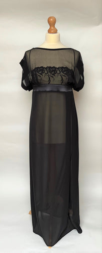 Edwardian style silk chiffon vintage nightdress. The gown is full length. It has an embroidered bodice with two delicate straps. There is an overlay of silk chiffon on the top part of the gown, with a wide silk satin elasticated band under the bust for shape and comfort. There is a side slit on the full-length skirt for ease of movement.