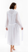 Load image into Gallery viewer, Full length (128cm) Shawl Collar robe.   Made in Germany from the finest mousseline, this full length, diaphanous dressing gown is a 100% pure cotton. The Shawl Collar has a lace trim. The generous sleeves have a wide lace trim at the cuff. It is belted and with a side pocket. This robe offers the wearer perfect cover without heaviness.
