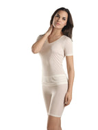 Fine knitted 100% silk short sleeve t/shirt style vest with a satin trim on the V neck.