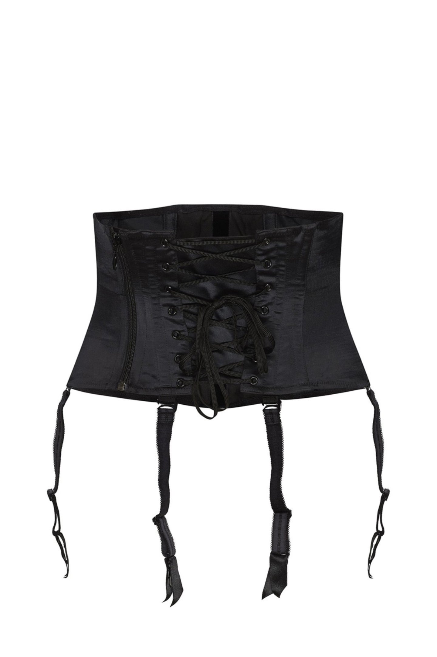 This is a fabulous waspie. Its clever boning draws in the waist with its strong lacing at the back, by the way, making a very attractive rear view! The lacing back also allows for extra cms when sizing. The zip at side gives an easy release. The suspenders are removable. allowing for wear both and inner and outerwear.
