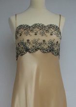Load image into Gallery viewer, Full length pure Silk nightgown. This nightdress has a black lace bodice (lined at the back for full coverage) which contrasts beautifully with the golden honey full length skirt. Full length in a heavy silk satin, there is a slit to the side for ease when sleeping. 
