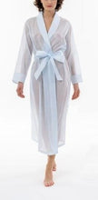 Load image into Gallery viewer, Full length (130cm), shawl collar robe. Elegant style with no fuss. Wide belt at the waist and with a size pocket. This robe complements beautifully all the Celestine nightgowns  Made in Germany from the finest mousseline, this full length, diaphanous dressing gown is a 100% pure cotton. It offers the wearer perfect cover without heaviness.
