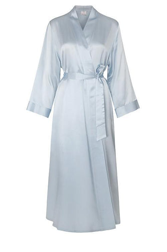 100% pure satin silk full length kimono style dressing gown, side pockets and belted at the waist. 
