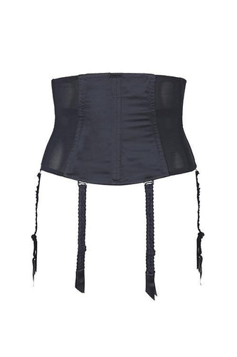 This is a fabulous waspie. Its clever boning draws in the waist with its strong lacing at the back, by the way, making a very attractive rear view! The lacing back also allows for extra cms when sizing. The zip at side gives an easy release. The suspenders are removable. allowing for wear both and inner and outerwear.