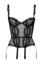 Load image into Gallery viewer, This is a beautiful, traditional corset made the French way. The lace is decoratively attached to the mesh structure. Velvet backed boning to the from and rear give shape and structure. A soft band at the waist gives added definition. The suspenders and straps are detachable, allowing for a more versatile use. The bra cups are in a balconnet shape.  The back has a centred zip. This is a stunning garment, perfect for day or evening wear.
