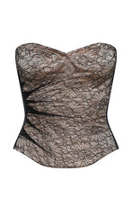 Load image into Gallery viewer, Traditional corset made the French way. It has Chantilly lace over a nude ground. 
