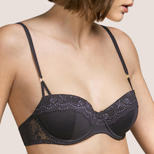 Load image into Gallery viewer, Moonrock (Charcoal) Formed cup underwire balconnet bra with Leavers lace detail across the top of the cups. 
