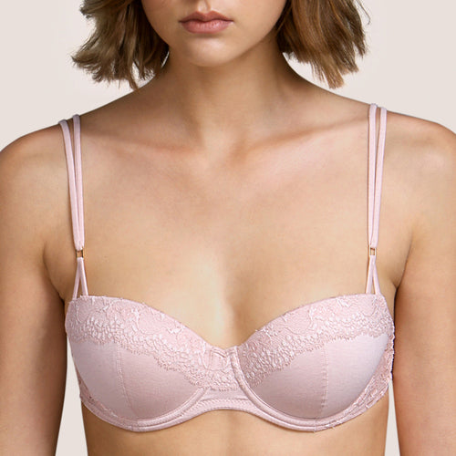Rose Mist Formed cup underwire balconnet bra with Leavers lace detail across the top of the cups. 