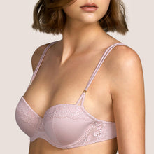 Load image into Gallery viewer, Rose Mist Formed cup underwire balconnet bra with Leavers lace detail across the top of the cups. 
