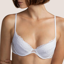 Load image into Gallery viewer, ﻿This is a beautiful all lace plunge bra. The cup has a removable pad, giving the option of two different presentations. The fine straps offers delicacy with strength.   Fabric Content: Polyester: 55%, Polyamide: 32%, Cotton: 10%, Elastane: 3%
