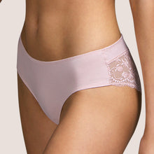 Load image into Gallery viewer, Rose Mist Hipster boxer shorts. They are opaque to the front but have gorgeous full Leavers lace over the bottoms. 
