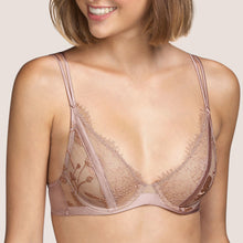 Load image into Gallery viewer, Typical of Andres Sarda! This is a beautiful all lace plunge bra with delicate eyelash lace detail on the top of the cup. Silk double straps offer a lighter look but with full support. Silk rich content.
