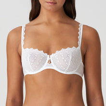 Load image into Gallery viewer, This underwire balconnet bra captivates. It has a vertical seam, giving a lovely uplift. There is a stylish adornment of lace on the straps which continues along the top of the cup. Tulle and embroidery make a stylish duo combined with pure white, a timeless colour that never goes out of style.  Fabric content: Polyamide: 52%, Polyester: 38%, Elastane: 10%
