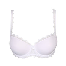 Load image into Gallery viewer, This is a underwired formed cup balconnet bra. It is totally smooth, perfect for under t/shirts and sweaters.  There is beautiful floral embroidery on the straps and along the top and bottom the cups.  Tulle and embroidery make a stylish duo combined with pure white, a timeless colour that never goes out of style.   Fabric content: Polyester: 72%, Polyamide: 24%, Elastane: 4%
