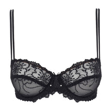 Load image into Gallery viewer, An all lace balconnet bra with a horizontal seam. Delicate double straps offer a light but structured support. Richly embroidered cups with full coverage. Classic lace bra for a classic balconnet look.   Fabric content: Polyamide: 45%, Polyester: 35%, Elastane: 20%. Black.
