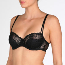 Load image into Gallery viewer, BEST SELLER &amp; back again by popular demand!  A half lace, half formed cup balconnet bra. This bra all the benefits of a lace bra but also all the shape and cover of a formed cup bra. It is a win-win situation. The final icing on the cake is the delicate two strap detail which has all the strength of a wider strap without the bulk.   Fabric content: Polyamide: 49%, Polyester: 34%, Elastane: 17%.  Black.
