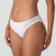 Load image into Gallery viewer, This is the classic Marie Jo bikini style Rio brief. The floral embroided lace runs over the hips and really brings out the elegant line. Tulle and embroidery make a stylish duo combined with pure white, a timeless colour that never goes out of style.   Fabric content: Polyamide: 72%, Polyester: 11%, Cotton: 9%, Elastane: 8%
