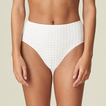 Load image into Gallery viewer, These are a full brief with a wide hip detail and are worn higher on the waist but also cover the bottom completely. They are totally opaque, but with the characteristic An Avero daisy on the waist completes the picture!  Fabric Content: Polyamide: 79%, Elastane: 17%, Cotton: 4%. Ivory.
