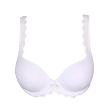 Load image into Gallery viewer, This is a underwired formed cup plunge bra. It is totally smooth, perfect for under t/shirts and sweaters.  There is beautiful floral embroidery on the straps and between the cups.  Tulle and embroidery make a stylish duo combined with pure white, a timeless colour that never goes out of style.   Fabric content: Polyester: 52%, Polyamide: 40%, Elastane: 8%
