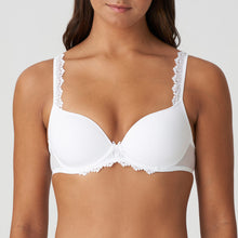 Load image into Gallery viewer, This is a underwired formed cup plunge bra. It is totally smooth, perfect for under t/shirts and sweaters.  There is beautiful floral embroidery on the straps and between the cups.  Tulle and embroidery make a stylish duo combined with pure white, a timeless colour that never goes out of style.   Fabric content: Polyester: 52%, Polyamide: 40%, Elastane: 8%
