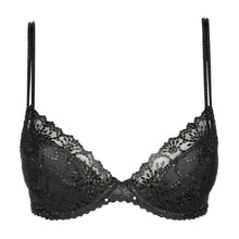 Load image into Gallery viewer, BEST SELLER! An all-lace plunge bra with removable pads to the C cup. This gorgeously shaped bra adds cleavage to any bust size. The double delicate straps give extra support without bulk. The removable pads (in A to C) allow the wearer to adjust the uplift. This bra lifts and centres the bust to give the ultimate cleavage. D - E cups are a formed plunge but without a pad. Fabric content: Polyamide: 54%, Polyester: 32%, Elastane: 14%. Black.
