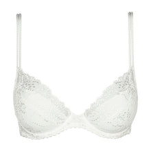 Load image into Gallery viewer, BEST SELLER! An all-lace plunge bra with removable pads to the C cup. This gorgeously shaped bra adds cleavage to any bust size. The double delicate straps give extra support without bulk. The removable pads (in A to C) allow the wearer to adjust the uplift. This bra lifts and centres the bust to give the ultimate cleavage. D - E cups are a formed plunge but without a pad. Fabric content: Polyamide: 54%, Polyester: 32%, Elastane: 14%. Ivory. 
