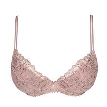 Load image into Gallery viewer, BEST SELLER!  An all-lace plunge bra with removable pads to the C cup. This gorgeously shaped bra adds cleavage to any bust size. The double delicate straps give extra support without bulk. The removable pads (in A to C) allow the wearer to adjust the uplift. This bra lifts and centres the bust to give the ultimate cleavage. D - E cups are a formed plunge but without a pad.  Fabric content: Polyamide: 54%, Polyester: 32%, Elastane: 14%. Bois de Rose.
