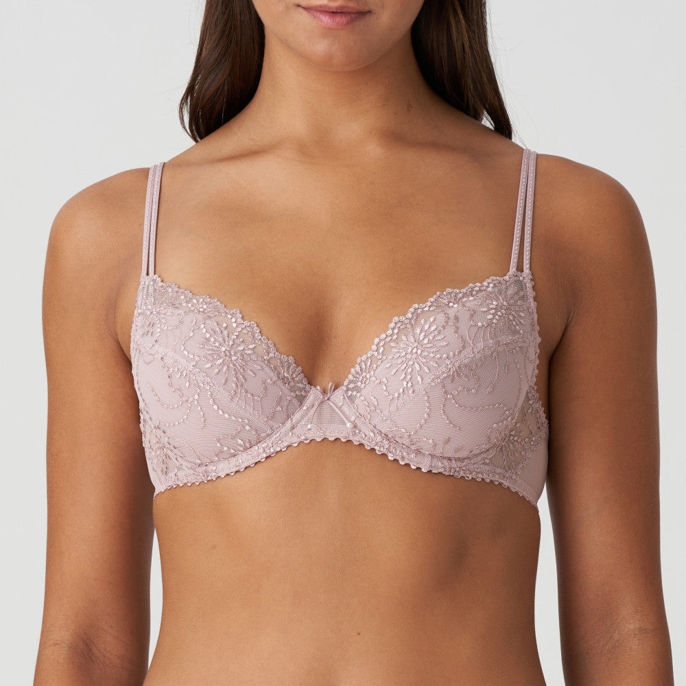 BEST SELLER! An all-lace plunge bra with removable pads. This gorgeously shaped bra adds cleavage to any bust size. The double delicate straps give extra support without bulk. The removable pads allow the wearer to adjust the uplift. This bra lifts and centres the bust to give the ultimate cleavage.  Fabric content: Polyamide: 54%, Polyester: 32%, Elastane: 14%.  Bois de Rose.