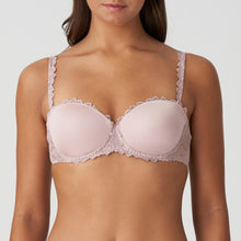 Load image into Gallery viewer, This is the attractive end of the strapless bra market. Beautifully smooth to the front but with a delicate lace trim on the cup to counterbalance any severity. The removable straps, if worn, are dainty and lace trimmed. This bra has the added bonus to create the halter style also. Fabric content: Polyamide: 53%, Polyester: 35%, Elastane: 12%.  Bois de Rose.
