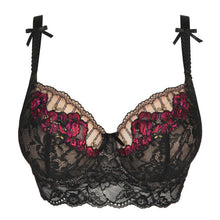 Load image into Gallery viewer, Bustier style underwire bra in black lace with complementary fuchsia pink embroidery. The balconnet tulip cut offers excellent support, especially to the larger cup size. This retro style bra with roses and tulle back is the perfect piece for this winter&#39;s wardrobe. Bow details on the straps complete the contemporary yet timeless look.
