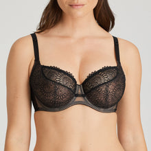 Load image into Gallery viewer, Black. This Tulip Shape underwire bra is feminine, comfortable, and super-luxurious. The tonal colour creates an edgy tattoo effect. The removable extra straps accentuate your feminine cleavage. Looks wonderful under a V-neck top or dress. The embroidered lace is both soft and supple. A perfect is 3 panelled and fully supportive Balconnet bra, suitable for any occasion.  Fabric: Polyamide: 61%, Polyester: 24%, Elastane:15%
