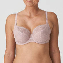 Load image into Gallery viewer, Bois de Rose. This Tulip Shape underwire bra is feminine, comfortable, and super-luxurious. The tonal colour creates an edgy tattoo effect. The removable extra straps accentuate your feminine cleavage. Looks wonderful under a V-neck top or dress. The embroidered lace is both soft and supple. A perfect is 3 panelled and fully supportive Balconnet bra, suitable for any occasion.  Fabric: Polyamide: 61%, Polyester: 24%, Elastane:15%
