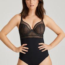 Load image into Gallery viewer, Black. This body is simply irresistible. It is elegant with the look of a bustier style long line bra. The plunge mesh gives the illusion of lightness but offers full support. The flowered embroidery lace has an edgy tattoo effect.  Fabric: Polyamide: 56%, Elastane: 33%, Polyester: 9%, Cotton: 2%
