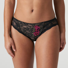 Load image into Gallery viewer, These vintage-chic rio briefs features all over black lace with fuchsia embroidered roses. Full cover at the back awith a delicate lace trim. Light look but fully opaque to the front.
