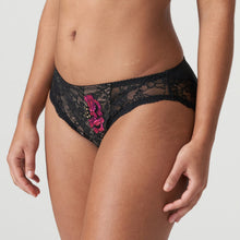 Load image into Gallery viewer, These vintage-chic rio briefs features all over black lace with fuchsia embroidered roses. Full cover at the back awith a delicate lace trim. Light look but fully opaque to the front.
