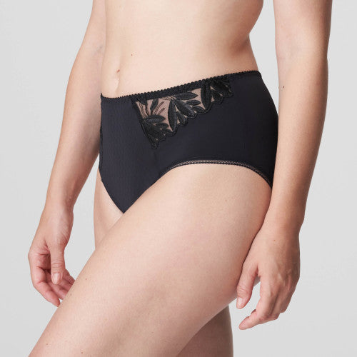 These luxurious and opaque high-waisted briefs feature decorative lace embroidery.  Full back for coverage with a lace trim seam free finish. 