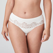 Load image into Gallery viewer, An elegant, high-waisted brief in a delicate, printed fabric with embroidery panels at the front and rear. The gentle ivory colour is perfect under light-coloured clothing. Pure elegance!  Fabric content: Polyamide: 63%, Elastane: 16%, Polyester: 12%, Cotton: 9%
