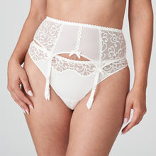 Load image into Gallery viewer, A sexy, tulle suspender belt with a stylized embroidery pattern. The feminine, natural colour is perfect under your light-coloured outfits. A 5 hook &amp; eye detail and the back and 4 suspenders, two to the front and two to the rear, guarantees perfect security for your stockings!   Fabric content: Polyamide: 50%, Polyester: 31%, Elastane:19%

