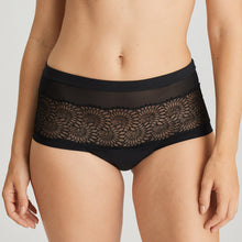 Load image into Gallery viewer, Black. Luxurious lace and mesh Hotpants. They have feminine, retro look which features lace embroidery on a nude tulle ground. Wide at the hip for a non-bulge silhouette. The laser cutting across the bottom completes the look.  Fabric: Polyamide: 54%, Elastane: 22%, Polyester: 19%, Cotton: 5%
