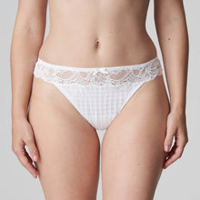 Load image into Gallery viewer, This G/String leaves the bottom uncovered and makes the leg appear longer. Sexy yet discreet, with a super lacy look. Non bulky under clothing.  Fabric content: Polyamide: 73%, Elastane:19%, Cotton: 8%. Pure White.
