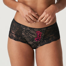 Load image into Gallery viewer, This vintage-chic luxury g/string with all over black lace with fuchsia embroidered roses to the front. Wide at the hip for comfort and smoothness.
