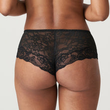 Load image into Gallery viewer, This vintage-chic luxury g/string with all over black lace with fuchsia embroidered roses to the front. Wide at the hip for comfort and smoothness.
